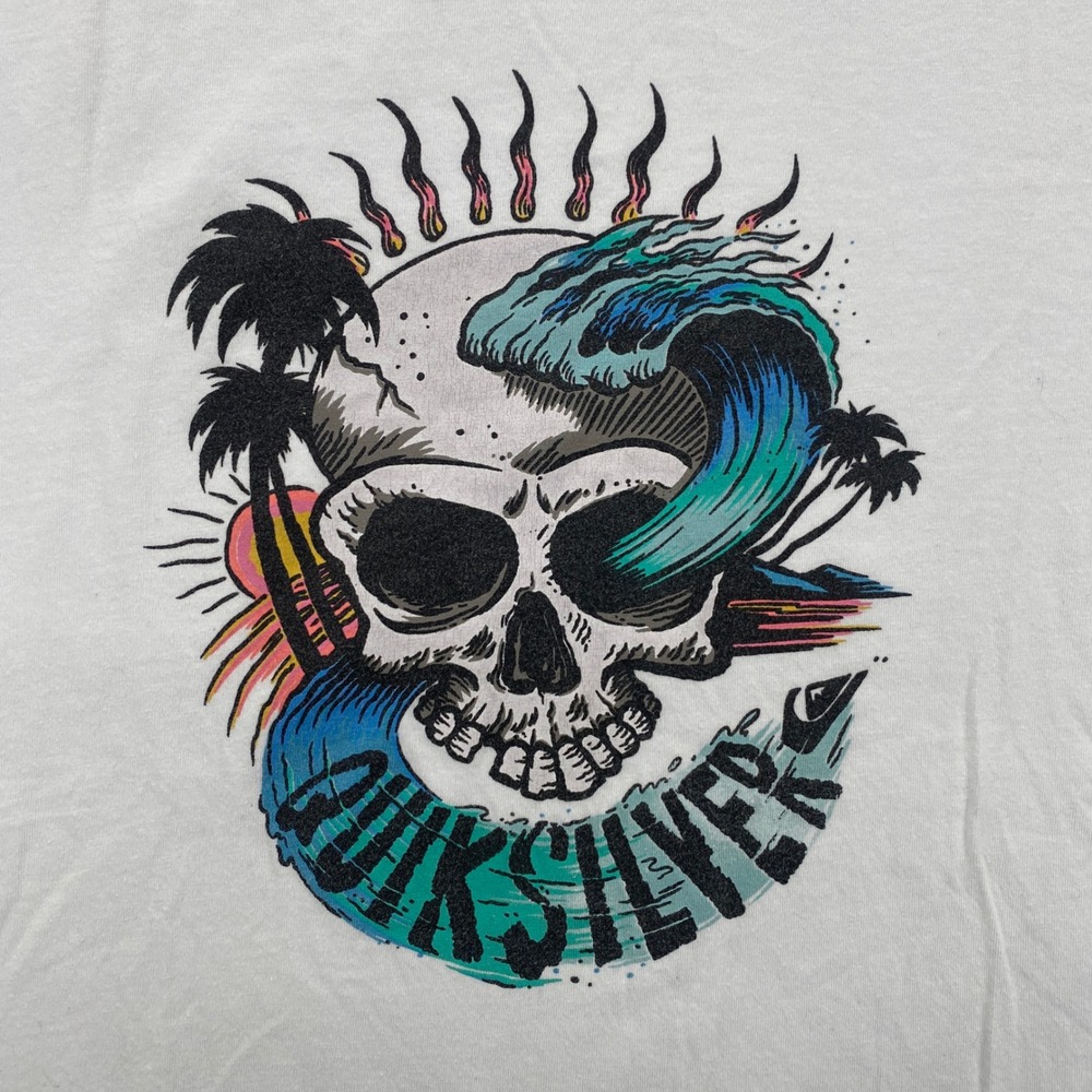 Quiksilver Graphic T-Shirt Mens Large White Skull Wave Surf Palm Tree Tee